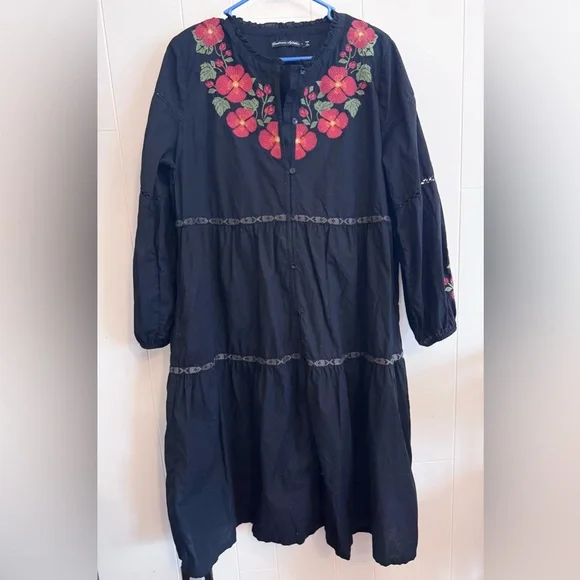Gudrun Sjoden Aland Organic Cotton Woven Dress Black Red Floral Lagenlook Boho L - Picture 3 of 6